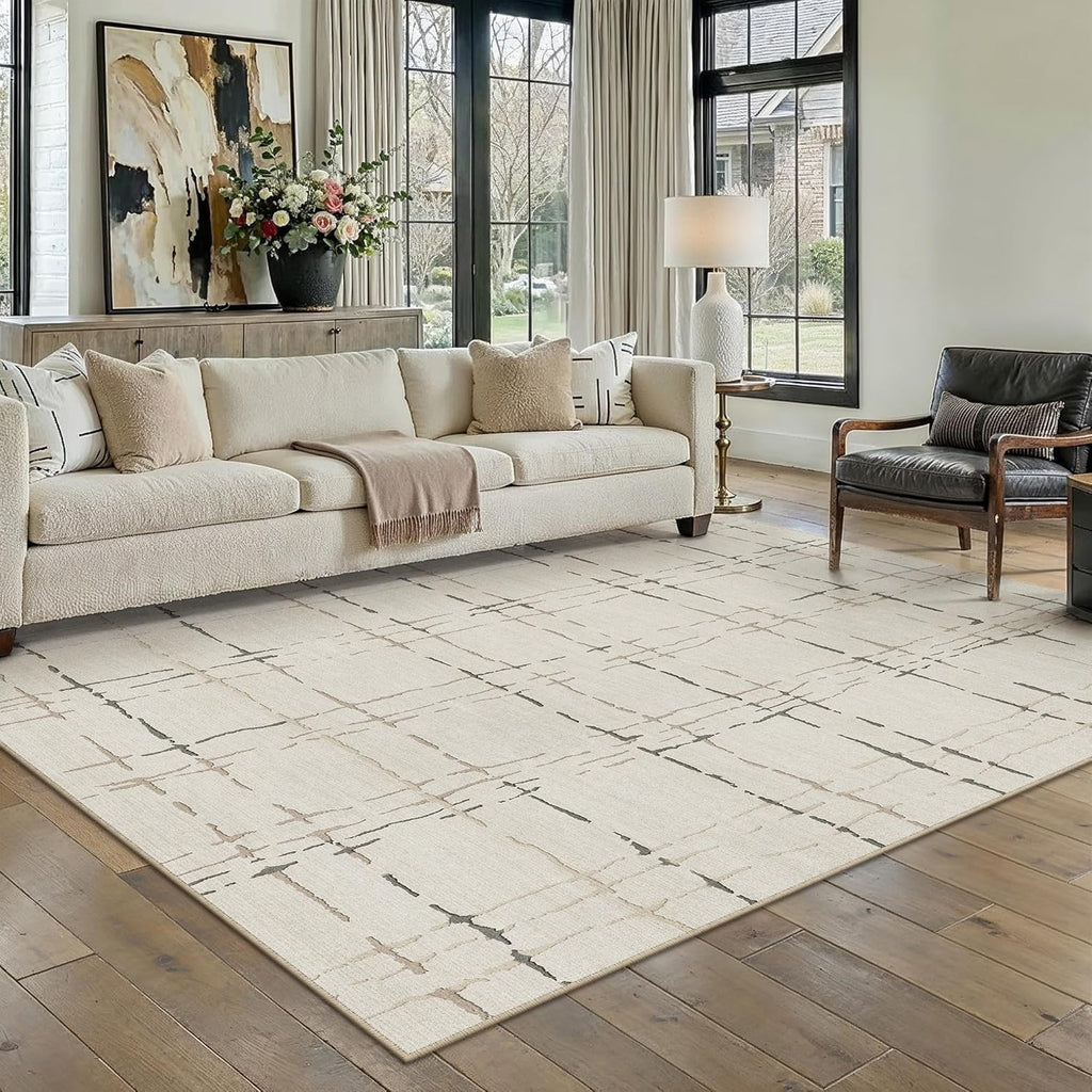 PureCozy Beige Washable 8x10 Area Rug for Living Room Neutral Modern Large Carpet Non Slip Low Pile Indoor Bedroom Soft Accent Throw Rug for Dining Room Office Nursery