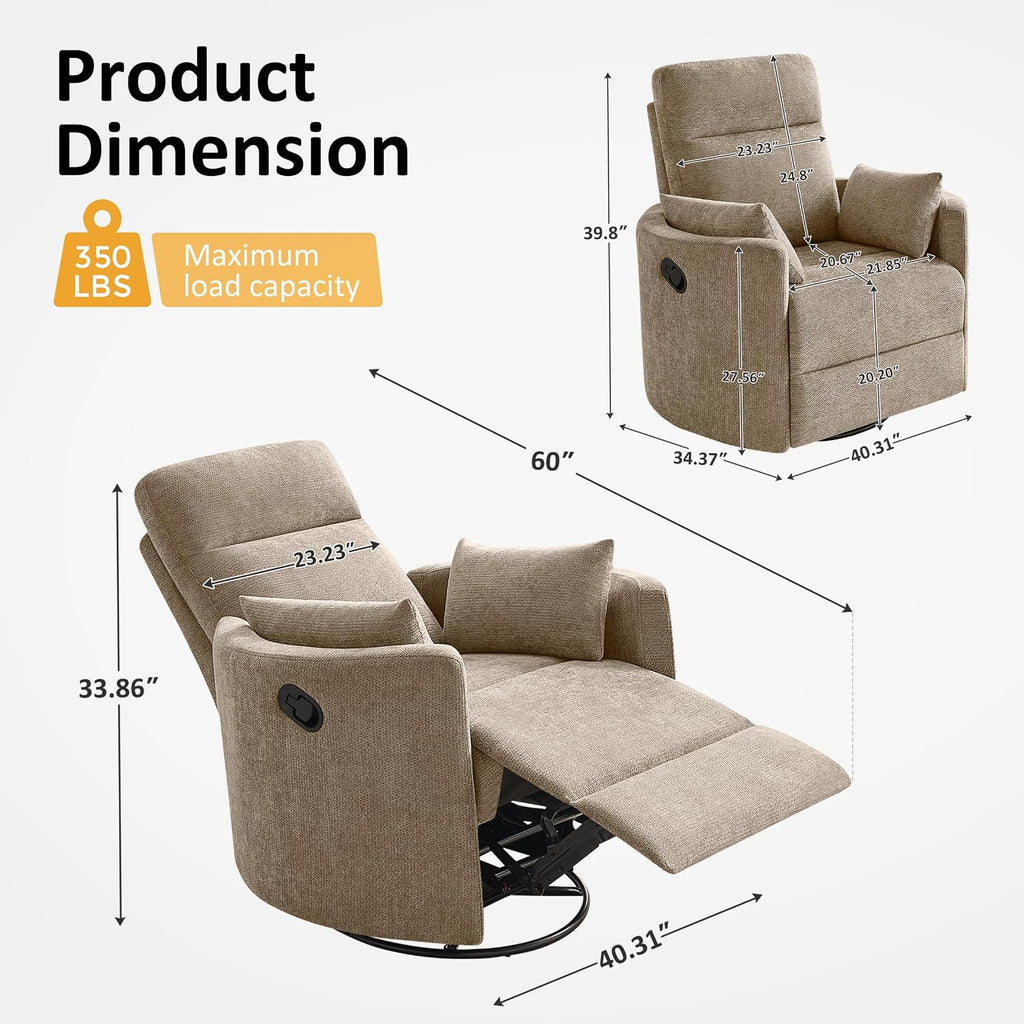 Oversized Nursery Rocking Chair, 360° Swivel Glider Recliner Chair, Chenille Silent Nursery Chair with 2 Pillows and Footrest, Cozy Reclining Sofa for Living Room, Bedroom, Nursing, Camel