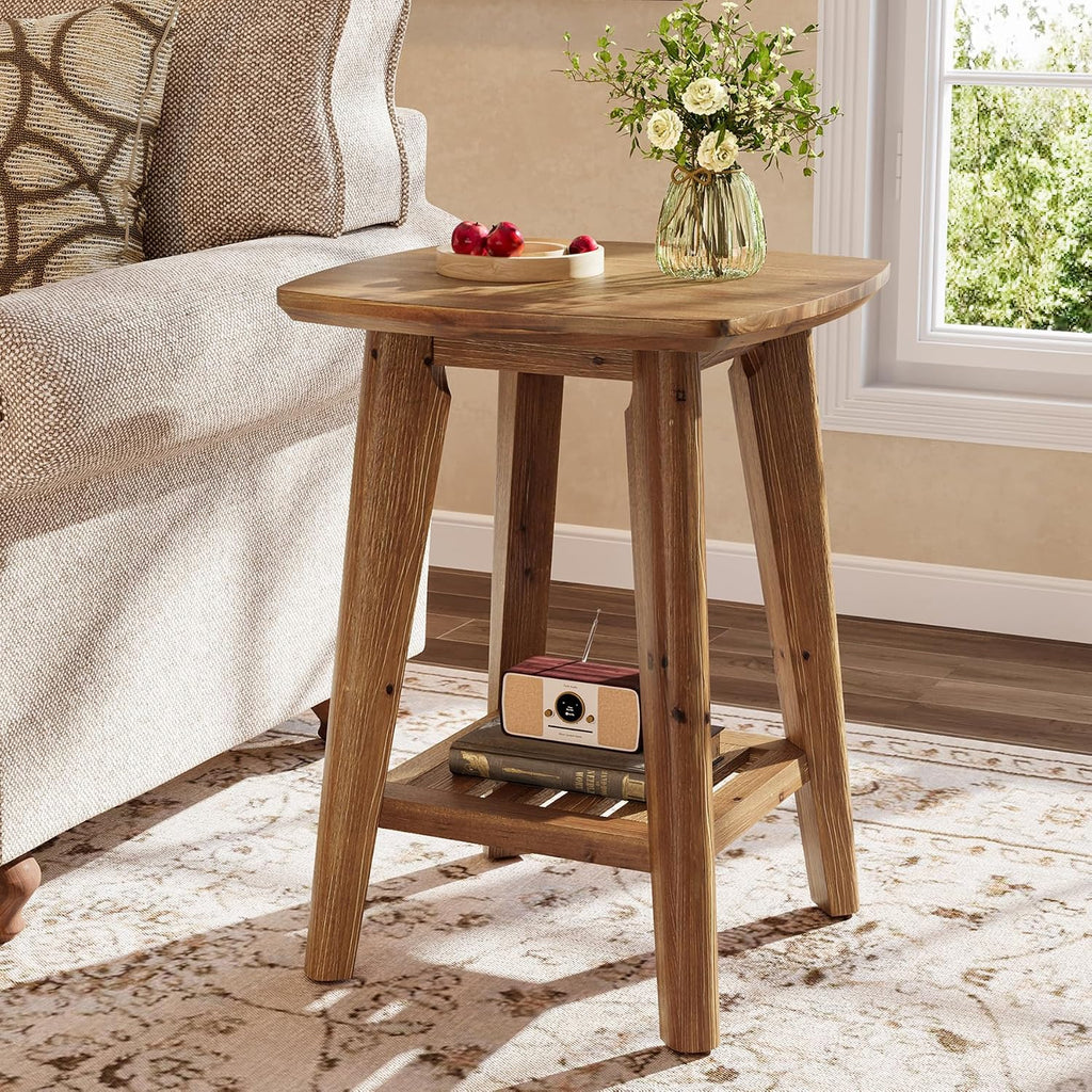 Square Side Table with 2-Tier Storage Shelf & Solid Wood Material, 19.68" Wood End Table for Living Room, Sofa Side, Small Spaces – Easy Assembly, Space-Saving Design
