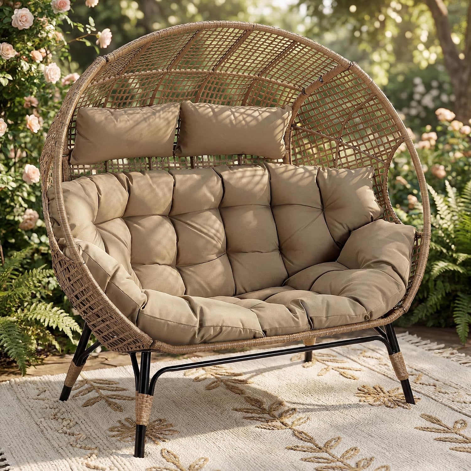 RADIATA 2-Person Double Egg Chair, 57.1" Extra Wide Outdoor Wicker Loveseat with 6.5" Thick Cushion, 600 lbs Capacity Oversized Lounge Chair for Patio, Porch, Backyard,Balcony or Indoor Use,Brown