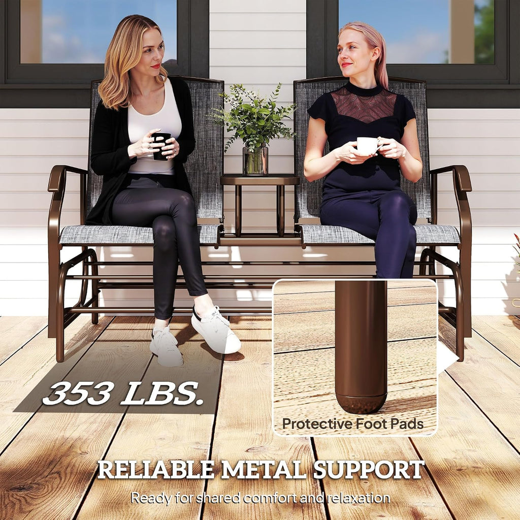 Two-Person Outdoor Glider Bench with Center Table for Garden Patio Use