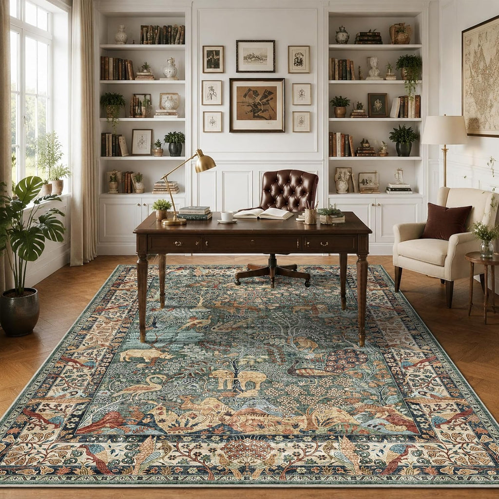 5x7 Washable Area Rug, Vintage Animals Print Boho Rug, Non Slip Low Pile Stain Resistance Floor Carpet for Living Room Bedroom Dining Room Nursery Home Decor