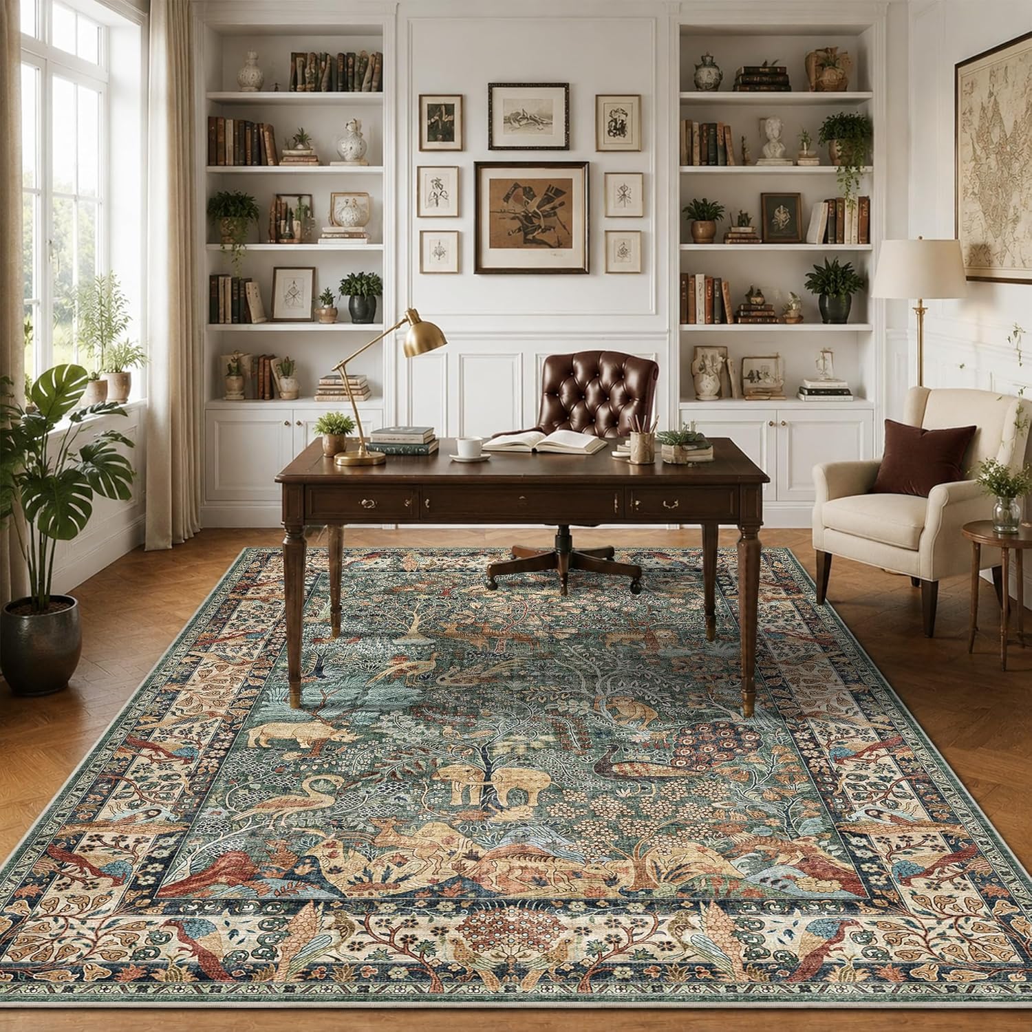 5x7 Washable Area Rug, Vintage Animals Print Boho Rug, Non Slip Low Pile Stain Resistance Floor Carpet for Living Room Bedroom Dining Room Nursery Home Decor