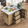 Merax 55.5" Fluted Kitchen Island with Drop Leaf, Power Outlet,Kitchen Grill Cart Island with Storage-6 Door Shelves,Adjustable Shelves,Faux Marble Top,Curved Edge for Kitchen,Natural