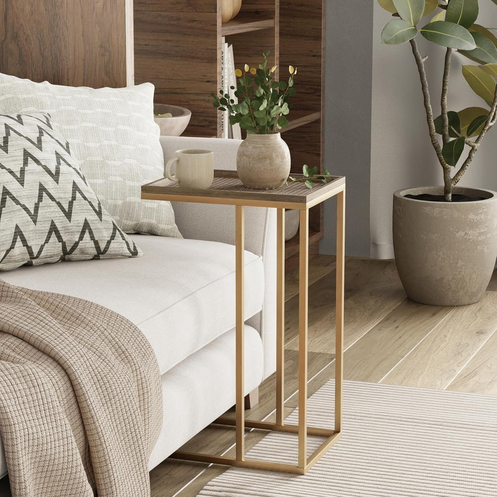 Farmhouse C Shaped End Table with Distressed Wood & Metal Woven Tray Top, Modern Slim Snack Side Table with Metal Base, Gold