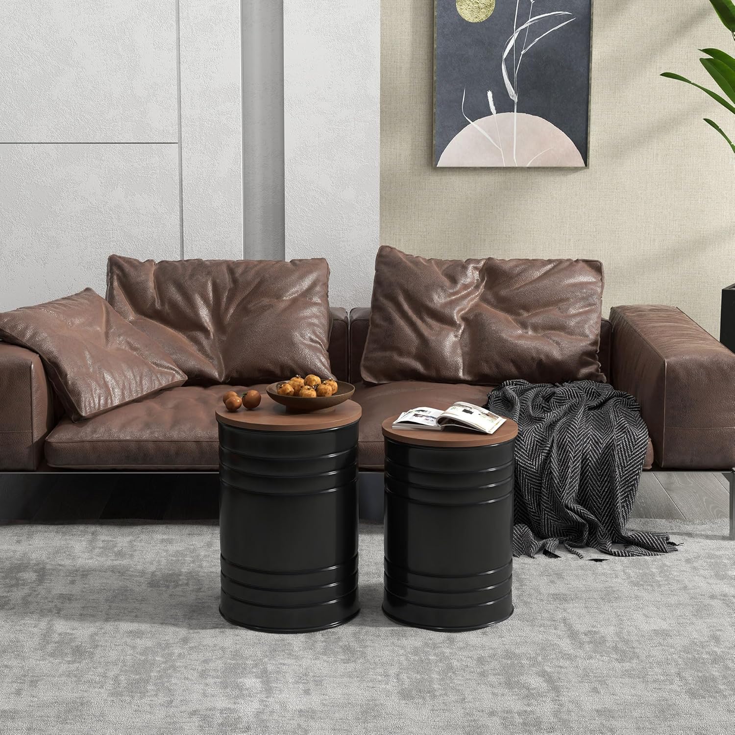 HOMCOM Nesting End Table Set of 2, Round Storage Ottoman Stool with Removable Wood Lid, Metal Frame & Hidden Space, Farmhouse Side Table for Living Room, Black