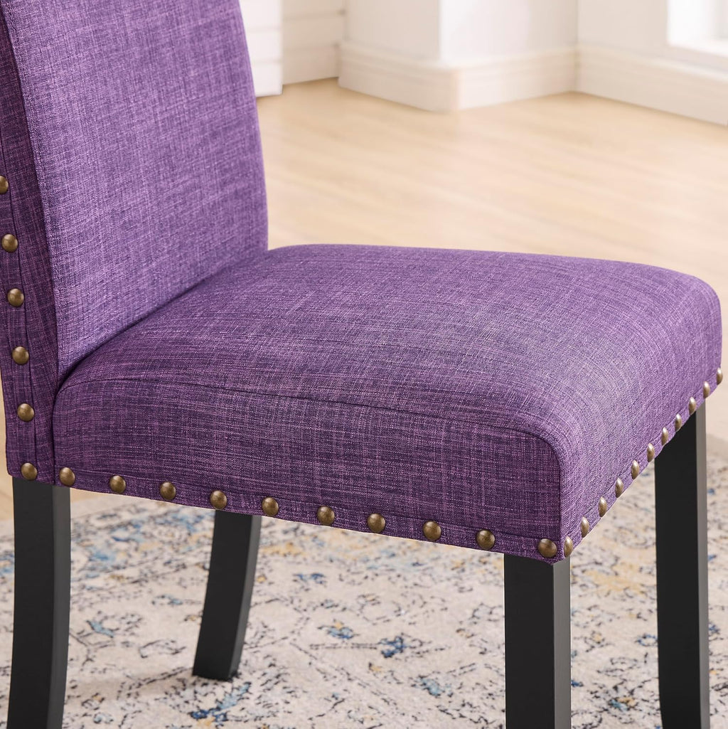 Roundhill Furniture Biony Espresso Wood Dining Set with 4 Fabric Nailhead Chairs, Purple