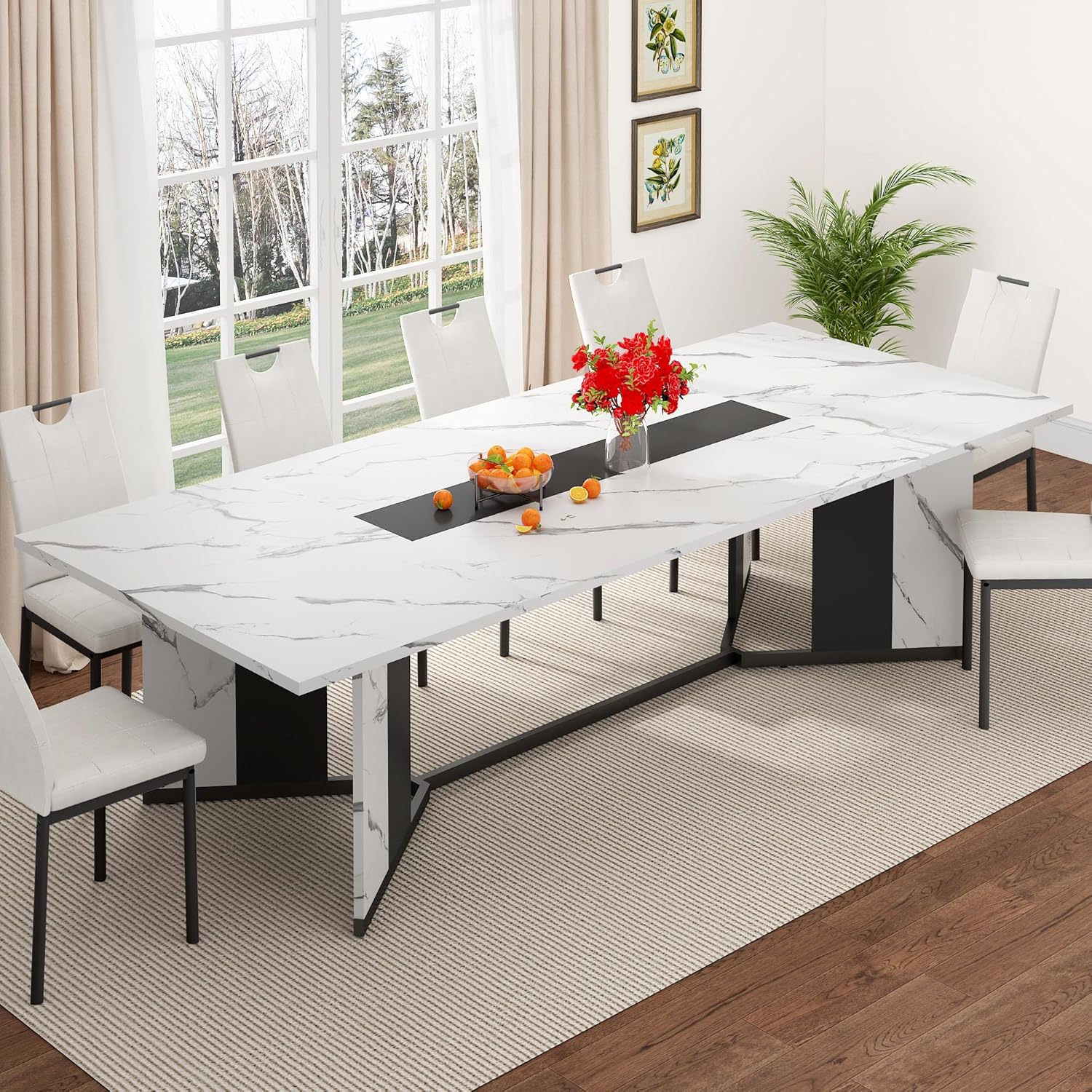 7-Piece Dining Table Set for 8 10 People, 94" Large Long Wooden Kitchen Table with 6 Cushion Chairs W/Waterproof Tabletop, Farmhouse Rectangular Dinner Table for Dining Room,Kitchen,Easy Clean