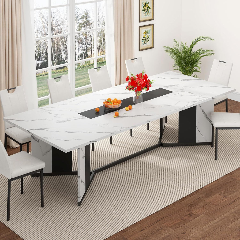7-Piece Dining Table Set for 8 10 People, 94" Large Long Wooden Kitchen Table with 6 Cushion Chairs W/Waterproof Tabletop, Farmhouse Rectangular Dinner Table for Dining Room,Kitchen,Easy Clean