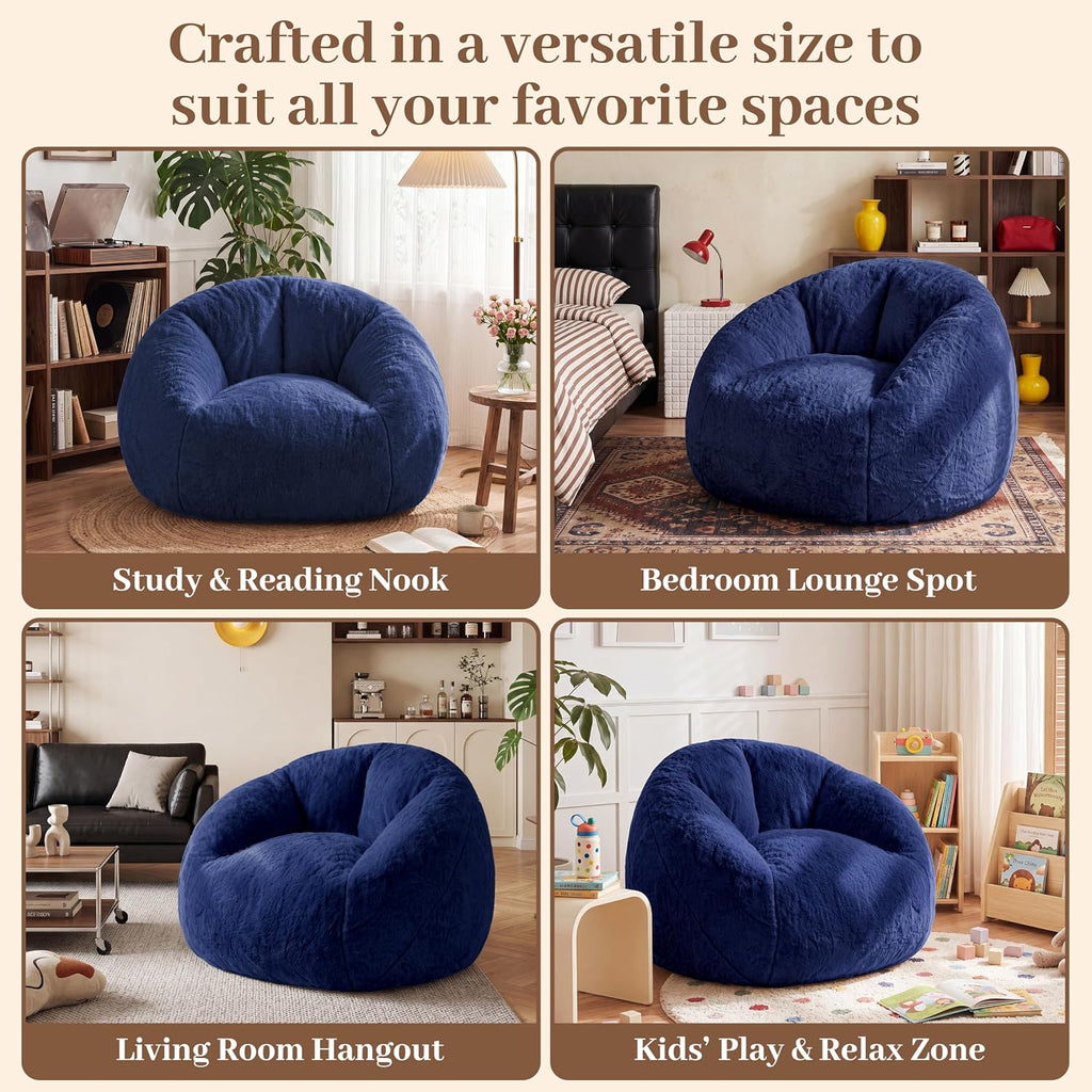 Big Bean Bag Chairs for Adults, Comfy Faux Fur Giant Bean Bag Chair | Fluffy Bean Bags with Back Support & Foam Filled, Reading Beanbag Chair for Living Room Bedroom, Apartment, Dark Blue