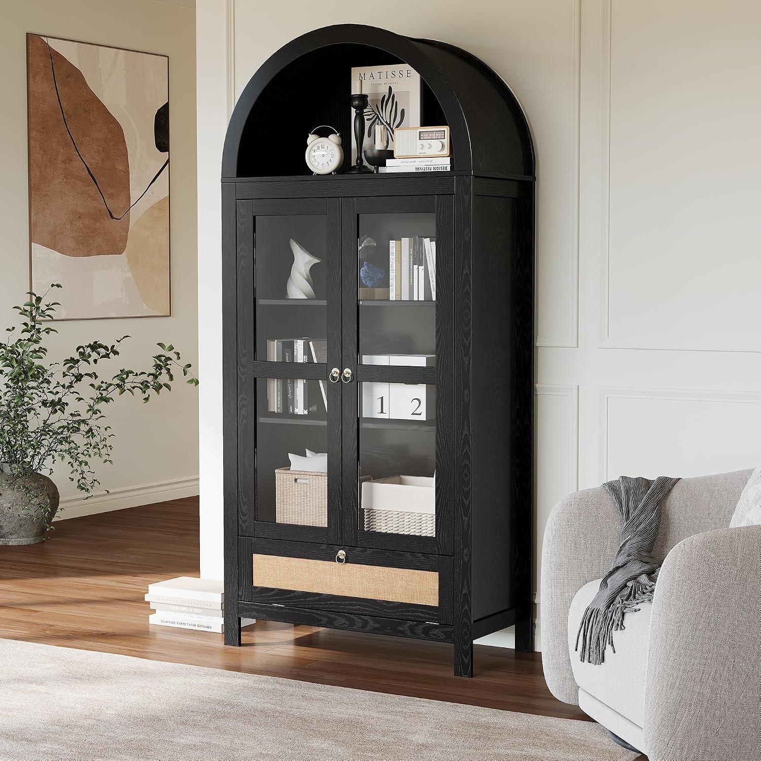 71” Tall Arched Kitchen Pantry Cabinet, Modern Farmhouse Hutch Storage Cabinets with Large Drawer and Glass Doors for Kitchen, Dining Room, Living Room, Black
