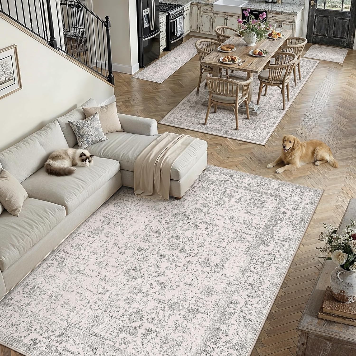 PureCozy Gray Entryway Area Rug 2x3 Door Mat Machine Washable Kitchen Vintage Distressed Non Slip Carpet Indoor Grey Retro Floral Accent Throw Small Rug for Bathroom Office Bedroom Dining Living Room