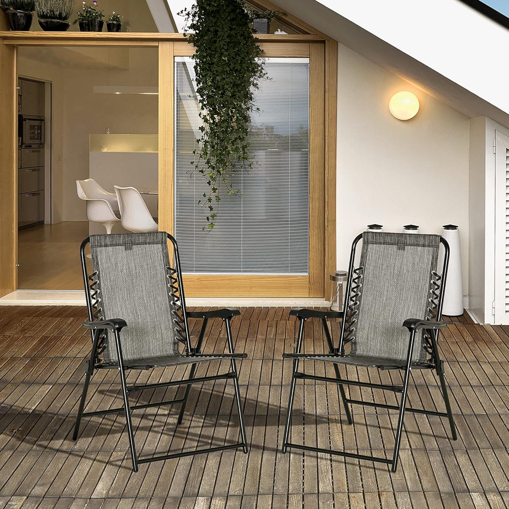 Set of 2 Patio Folding Chairs, Outdoor Bungee Sling Chairs w, Armrests, Portable Lawn Chairs for Camping, Garden, Pool, Beach, Backyard, Gray