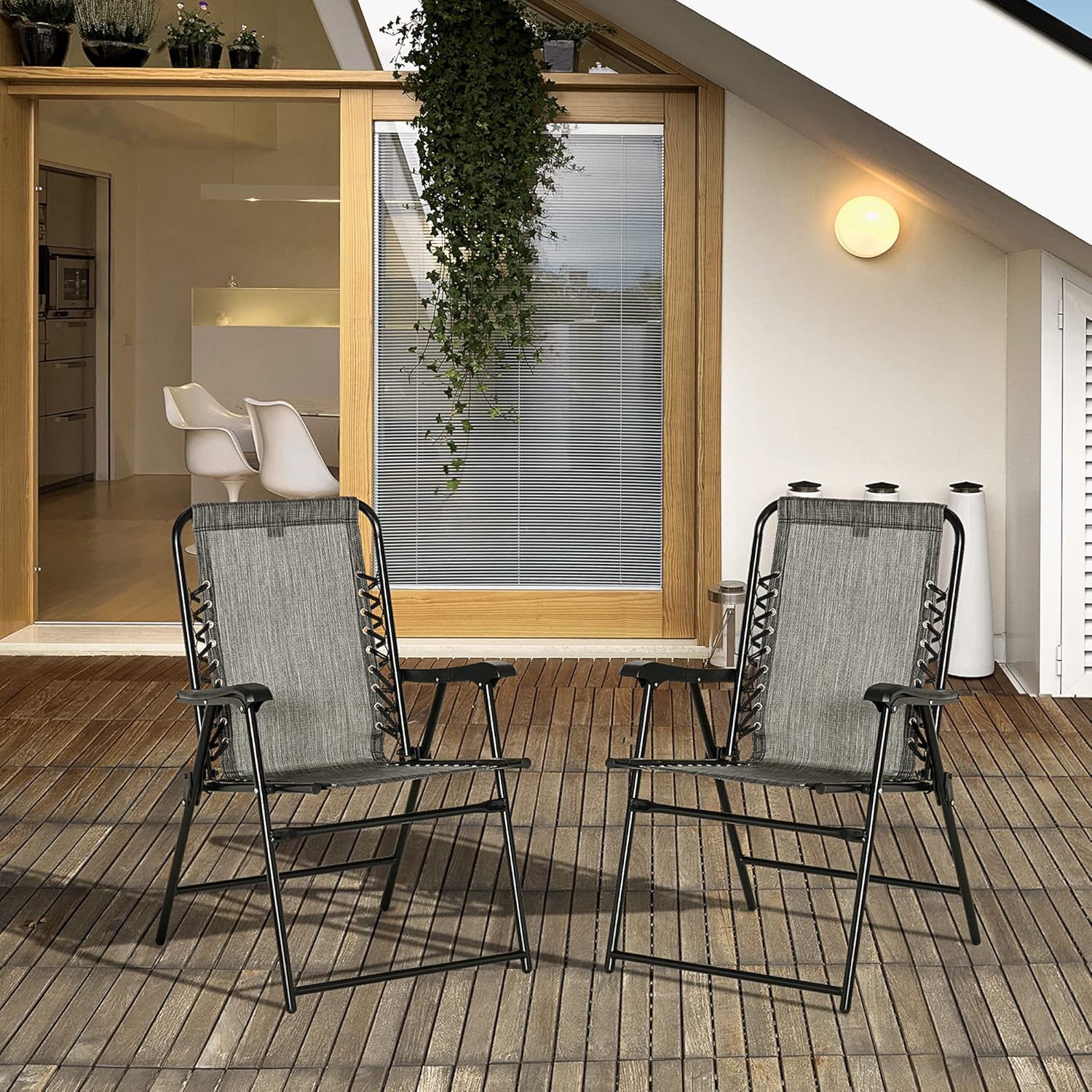 Set of 2 Patio Folding Chairs, Outdoor Bungee Sling Chairs w, Armrests, Portable Lawn Chairs for Camping, Garden, Pool, Beach, Backyard, Gray