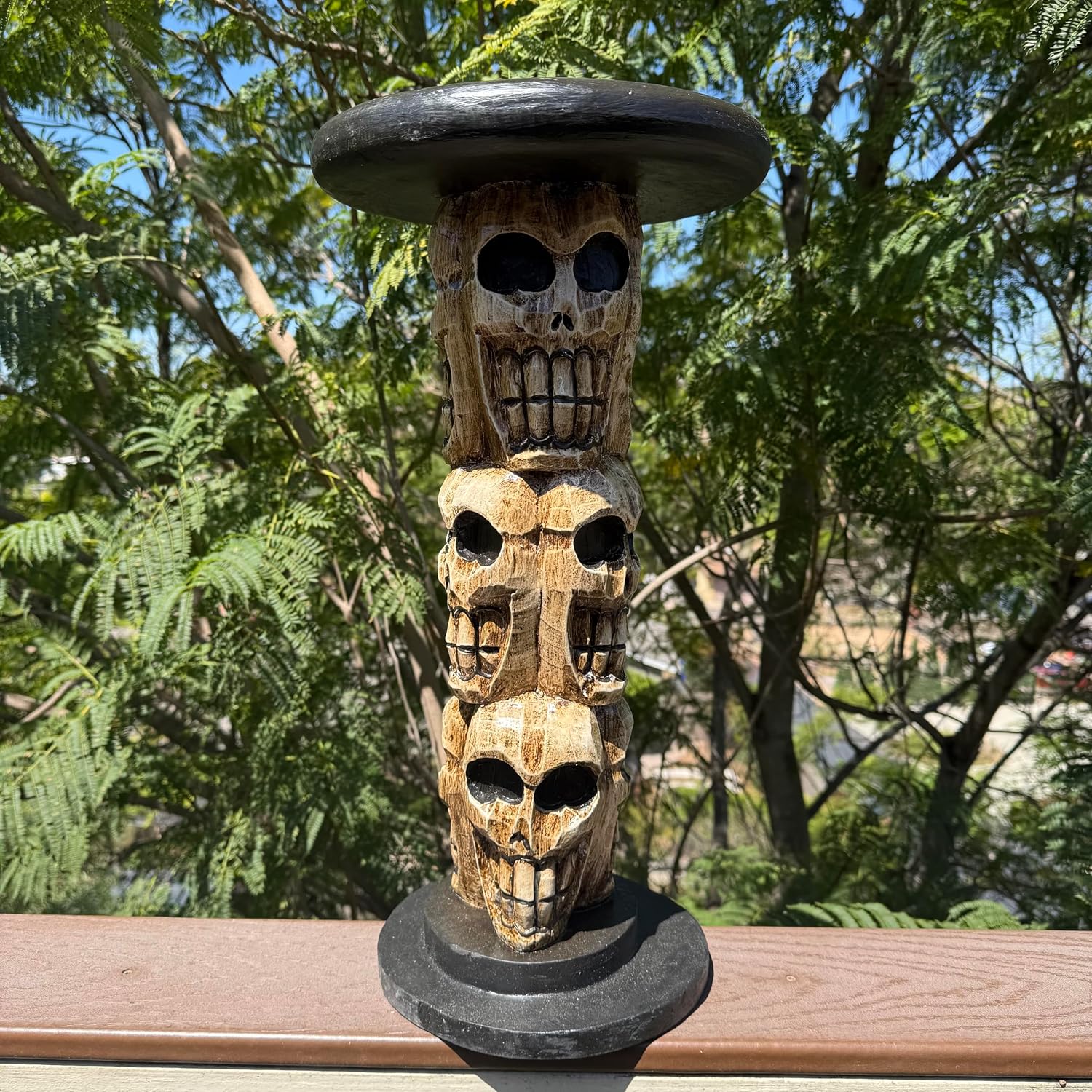 Pirate Skull and Crossbones Side Table, Hand-Carved Wood, 21 Inches Tall, 10-Inch Round Top Set of 2
