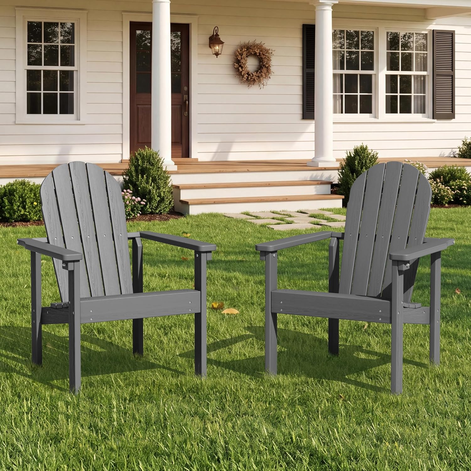 SERWALL Stackable Modern Adirondack Chairs Set of 4, HDPE Outdoor Patio Chairs with Space-Saving Design, All-Weather Fire Pit Chairs with Widened Seat for Deck, Backyard, Garden, Lawn (Grey)