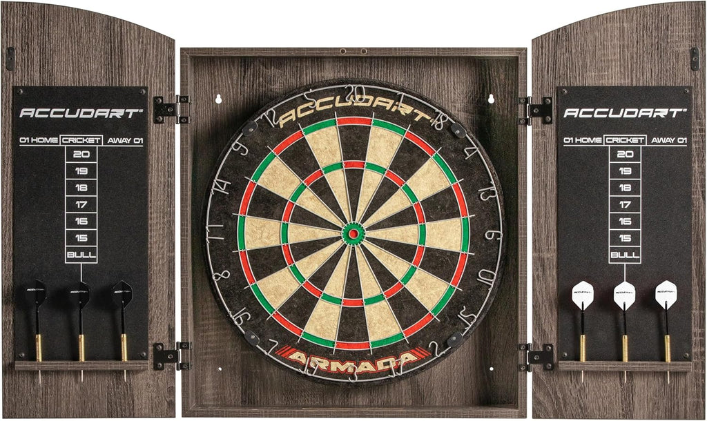 Accudart Armada Bristle Dartboard Cabinet Set – Official 18” Sisal Board, Self‑Healing Fibers, Grey Wood Cabinet, Round Spider Wires, Rotating Number Ring – Includes Steel‑Tip Darts