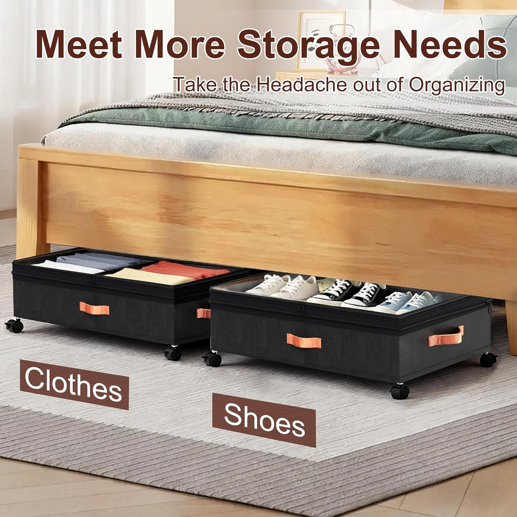 Under Bed Storage with Wheels, 2 Pack 70L Extra Large Rolling Underbed Organizer Bins with Lids, Heavy-Duty Foldable Container for Clothes, Shoes, Blankets, Fits 10“+ Clearance (Black)