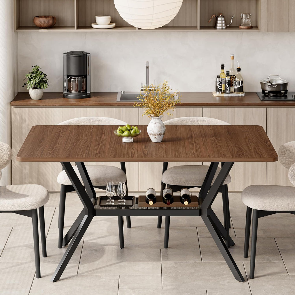 55 inch Dining Table for 4-6, Rectangle Kitchen Table with Storage Shelf, Space Saving Modern Farmhouse Design with Sturdy Metal Legs for Dining Room & Small Apartments