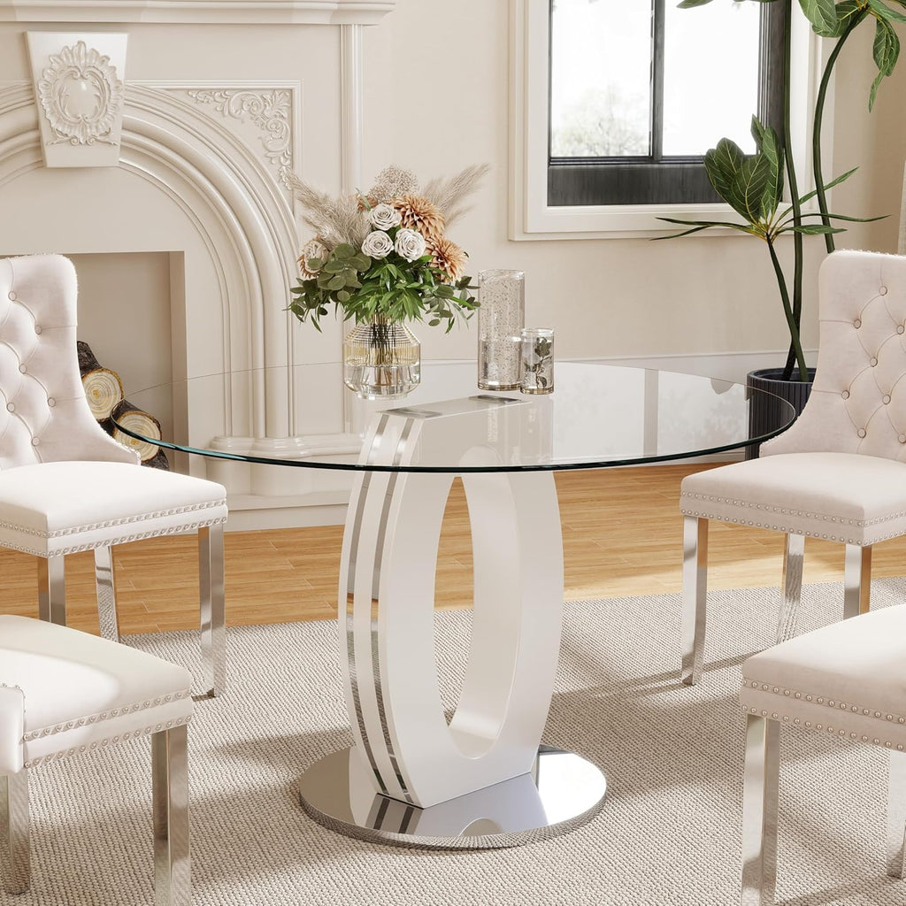 RGZ 39'' Modern Luxury Clear Glass Round Dining Table for 4-6, Glass Circle Top Kitchen Table with Elegant Silver Decorative Strips & White Silver Base, Dinner Table for Home, Living Room, Apartment