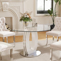 RGZ 39'' Modern Luxury Clear Glass Round Dining Table for 4-6, Glass Circle Top Kitchen Table with Elegant Silver Decorative Strips & White Silver Base, Dinner Table for Home, Living Room, Apartment