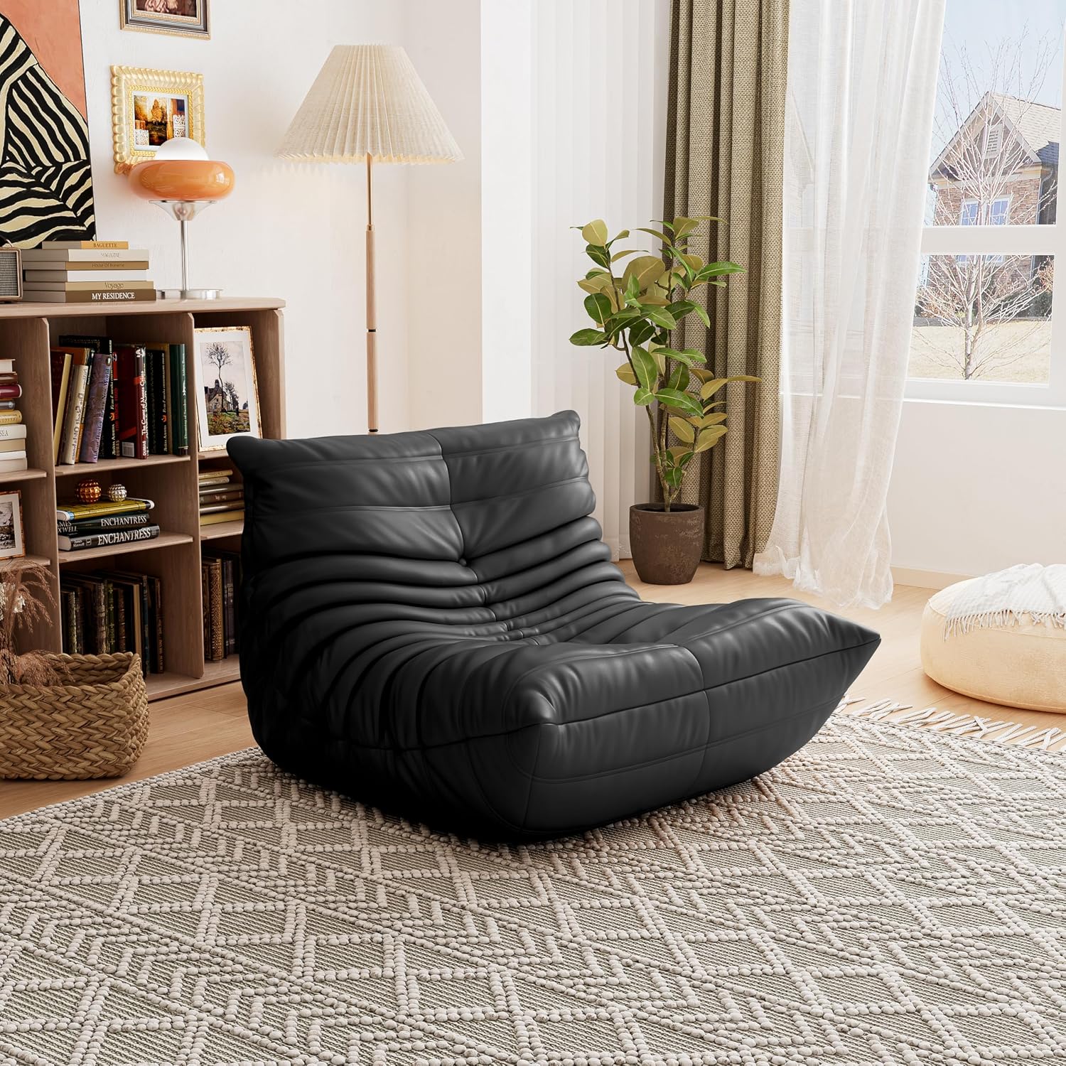 High-end Uncompressed Togo Bean Bag Chair for Adults, Memory Foam Floor Sofa Couch with Soft Fabric, Comfy Fireside Lounge Chair for Living Room, Bedroom, Apartment Microfiber Leather Black