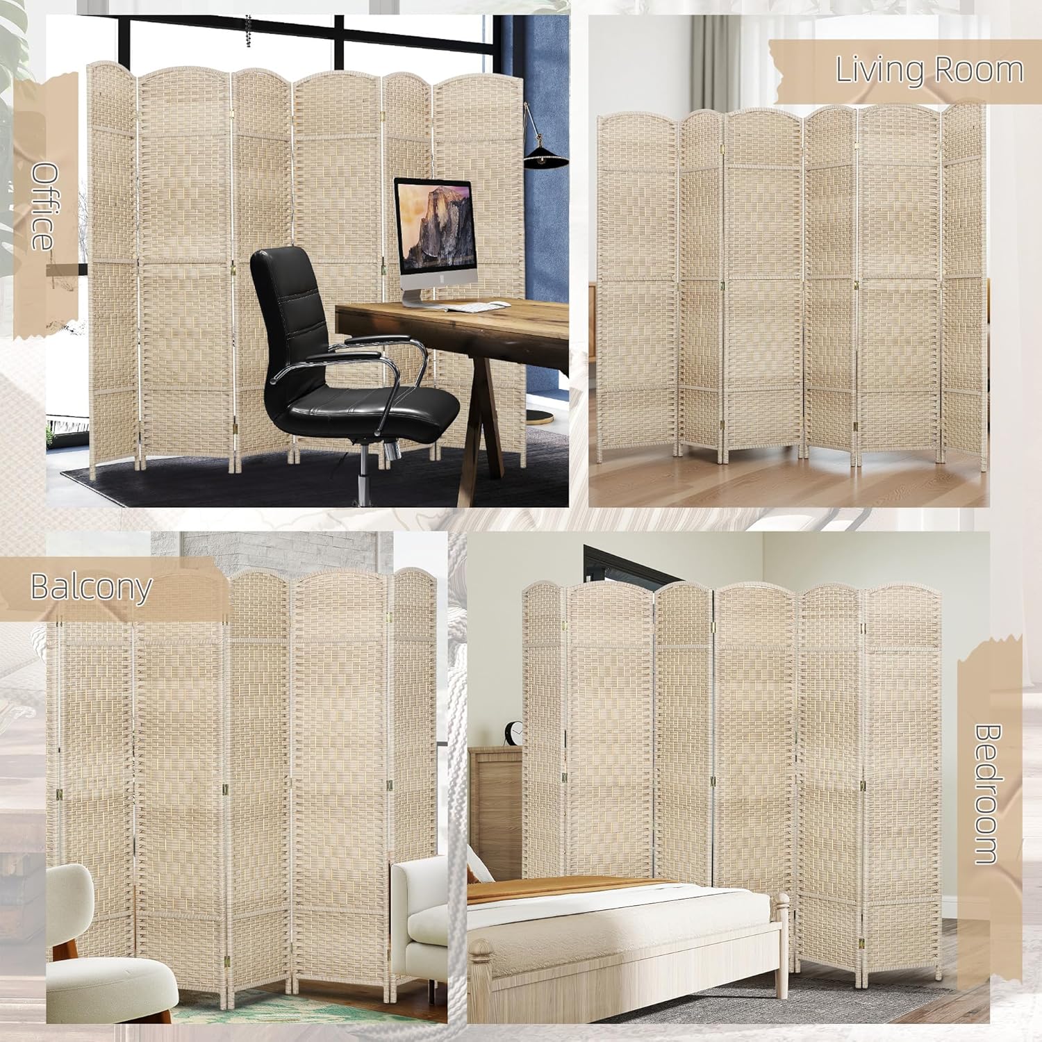 HOMCOM Room Divider, 6 Ft 6 Panel Folding Privacy Screen, Hand-Woven PP Wall Partition with Pine Wood Frame, Freestanding Room Separator for Bedroom, Home Office, No Assembly, Washed Oak