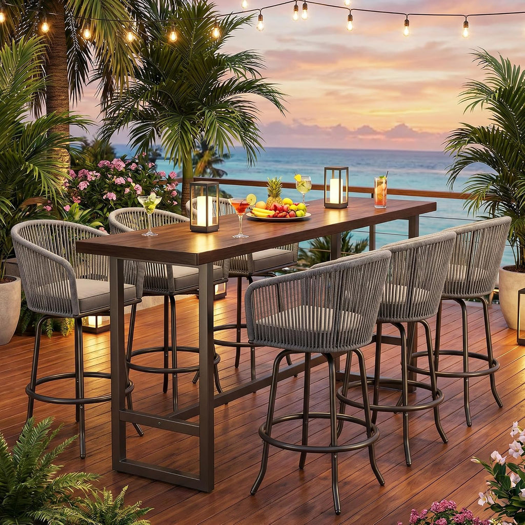 YITAHOME 27" Bar Stools Set of 6 with Arms & Cushions, 360° Swivel Outdoor Bar Stools, All Weather Counter Height Bar Stools Set of 6 with Curved Back for Backyard, Kitchen Island, Dining Room, Gray