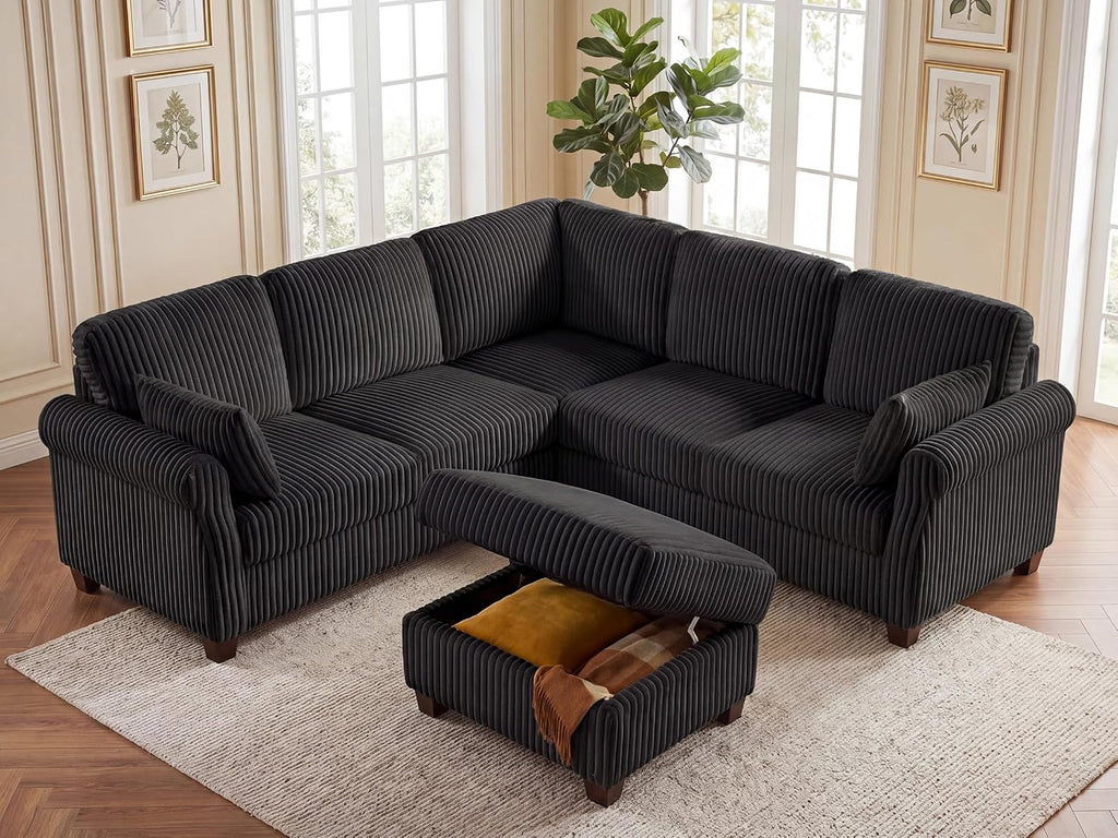 90.6" V-Shaped Modular Sectional Sofa with Storage Ottoman, 6-Seat Corduroy Corner Couch with Deep Seat, Oversized Upholstered Sectional for Living Room, Bedroom, Apartment