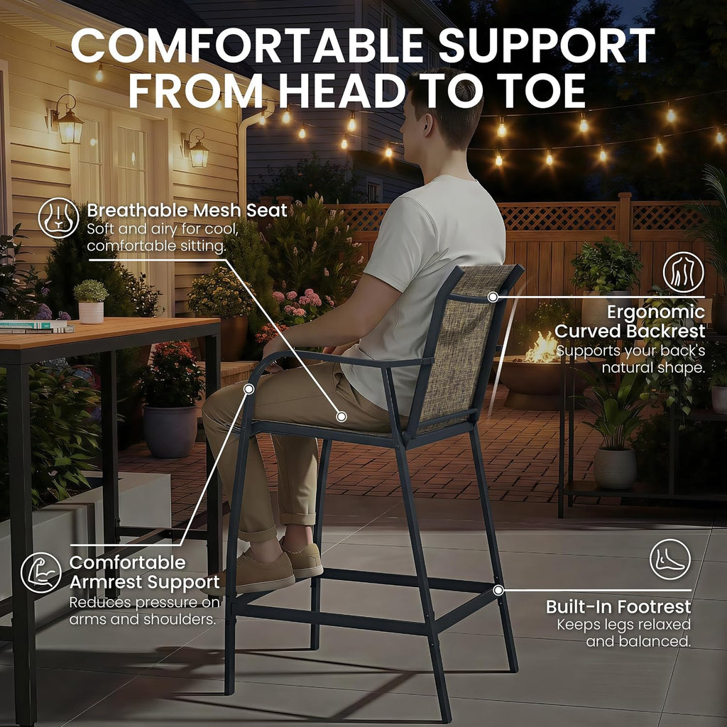 Crestlive Products Outdoor Bar Stools Set of 2, Heavy Duty Patio Furniture, Bar Height Tall Chairs with Armrest and Footrest, Textilene Fabric for Bistro, Lawn, Poolside, Backyard, Kitchen (Brown)
