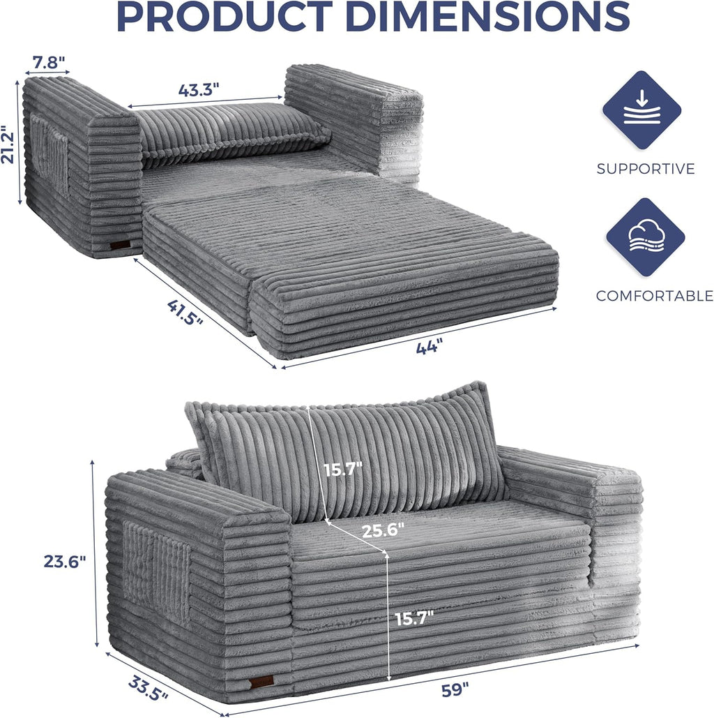 MAXYOYO Convertible Sofa Bed, 2 in 1 Folding Couch Bed for Small Space, Pull Out Loveseat Sofa Couch with Large Back Pillow, Plush Faux Fabric Lounge Couch for Living Room, Apartment, Grey