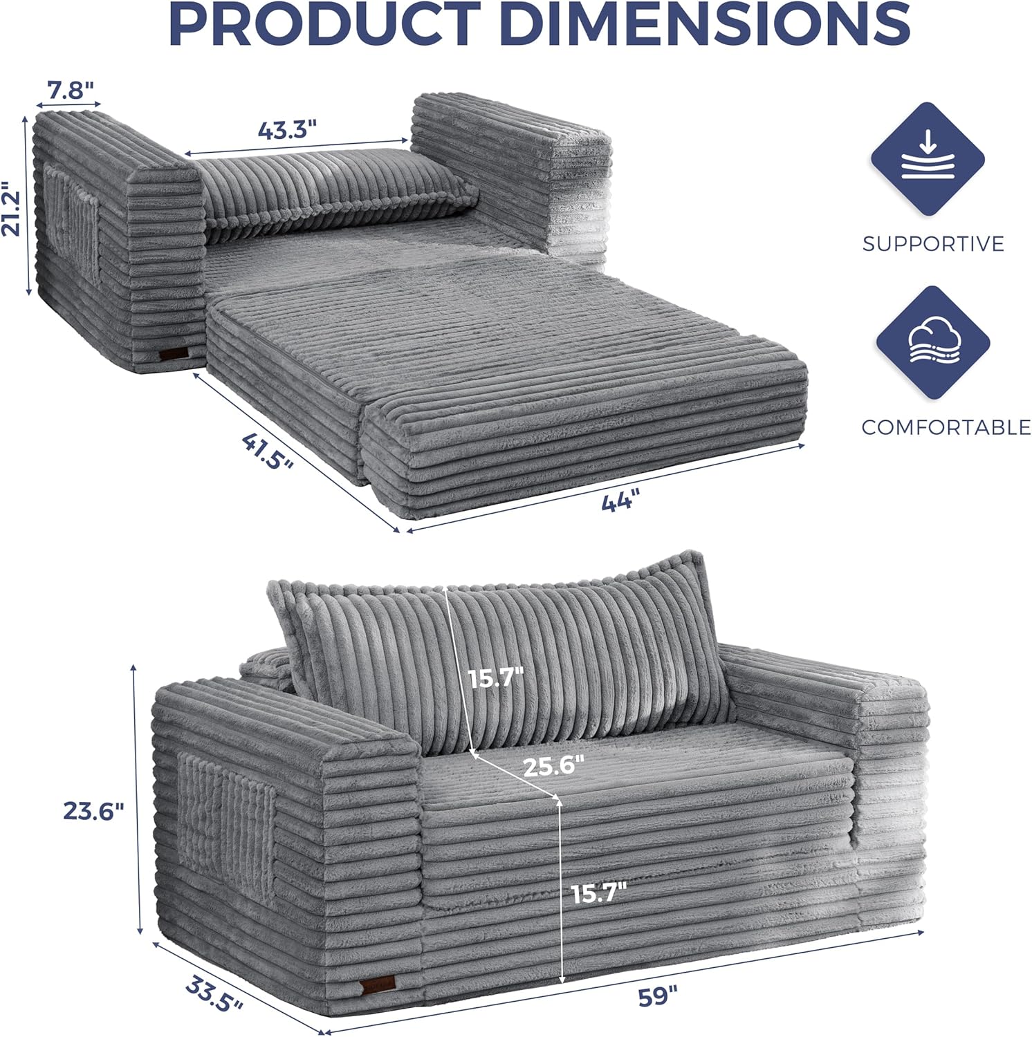 MAXYOYO Convertible Sofa Bed, 2 in 1 Folding Couch Bed for Small Space, Pull Out Loveseat Sofa Couch with Large Back Pillow, Plush Faux Fabric Lounge Couch for Living Room, Apartment, Grey