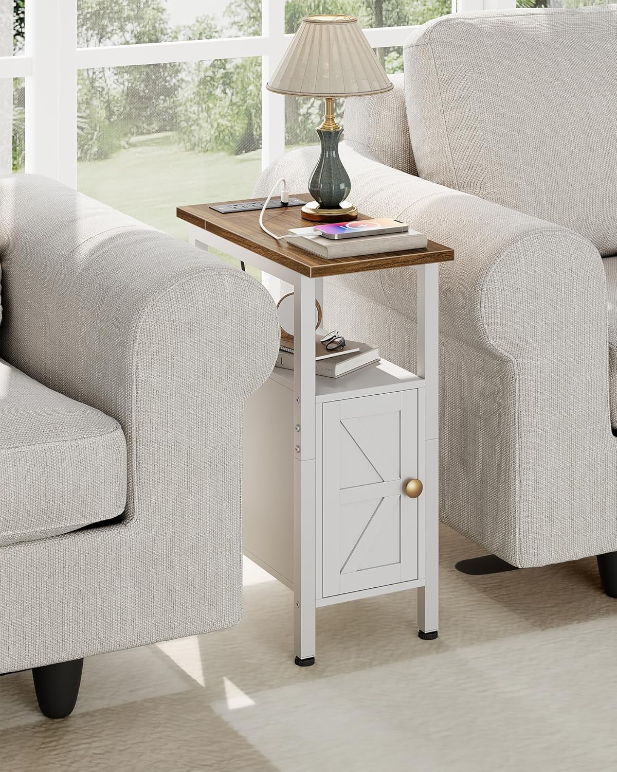 CHOEZON Farmhouse End Table and Narrow Fluted Nightstand with Drawers Bundle, Narrow Side Table for Small Spaces, Slim Nightstand with Charging Station for Living Room, Bedroom TBZ08UWL-MBZ12HT