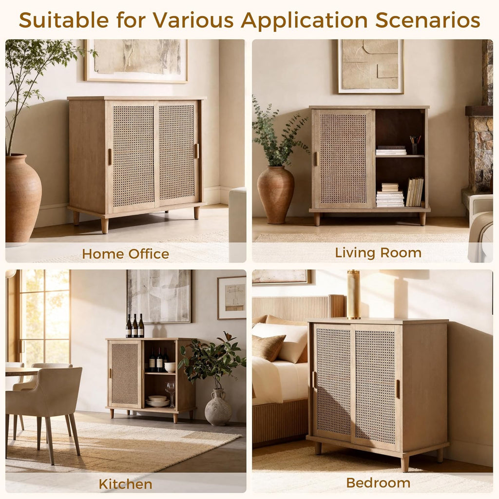 Fat Ant Sideboard Buffet Storage Cabinet, Rattan Credenza Buffet Table, Boho Console Accent Cabinet with Sliding Doors, Coffee Bar Cabinets for Kitchen Entryway Living Room, Natural
