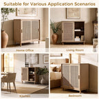 Fat Ant Sideboard Buffet Storage Cabinet, Rattan Credenza Buffet Table, Boho Console Accent Cabinet with Sliding Doors, Coffee Bar Cabinets for Kitchen Entryway Living Room, Natural