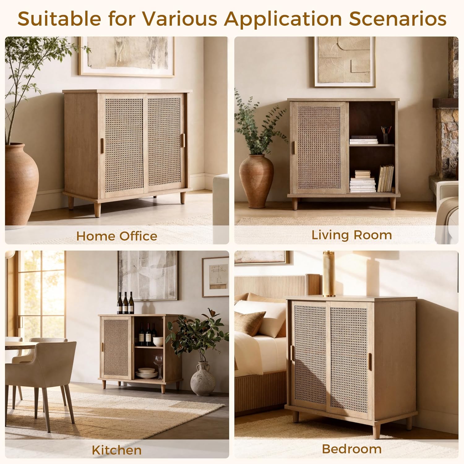Fat Ant Sideboard Buffet Storage Cabinet, Rattan Credenza Buffet Table, Boho Console Accent Cabinet with Sliding Doors, Coffee Bar Cabinets for Kitchen Entryway Living Room, Natural