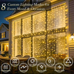 Curtain String Lights Indoor, 300LED 9.8 * 9.8FT USB Plug-in Window Curtain Lights with Timer and 8 Modes, Waterproof Warm White Curtain Fairy Lights for Bedroom Room Wedding Outdoor Decor