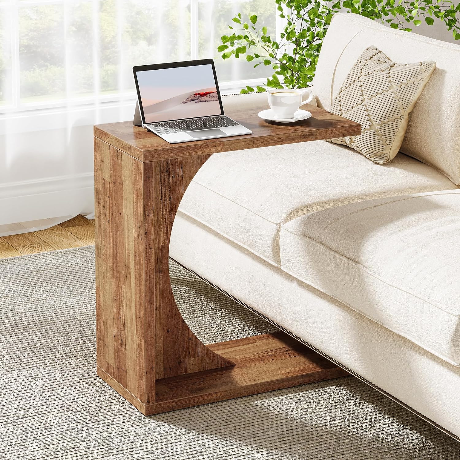 Tribesigns C-Shaped End Table for Couch, Small Bedside Table for Sofa, Wooden Nightstand for Living Room Bedroom Laptop Work Desk, Walnut Brown, 11.81" D x 23.62" W x 25.59" H