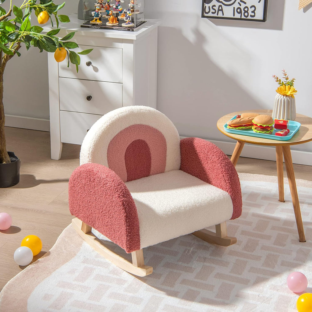 Costzon Kids Sofa, Toddler Rocking Chair w/Solid Wood Frames, Plush Fabric, Anti-Tip Design for Kids Room, Nursery, Playroom, Preschool, Birthday Gift for Boys Girls, Toddler Furniture Armchair, Red