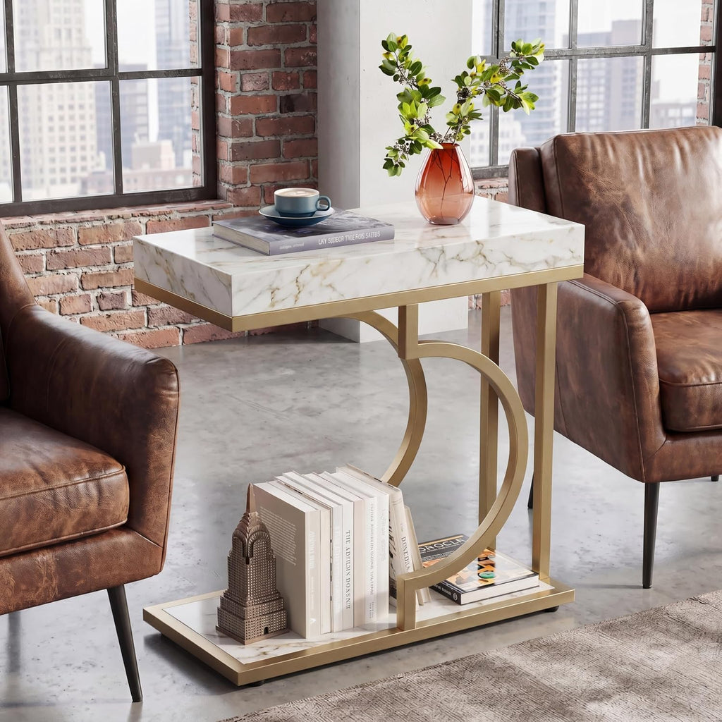 Tribesigns C Shaped Side Table for Coach Modern Narrow End Table with Metal Frame,Sofa Table Bedside Table for Living Room Bedroom (White&Gold)