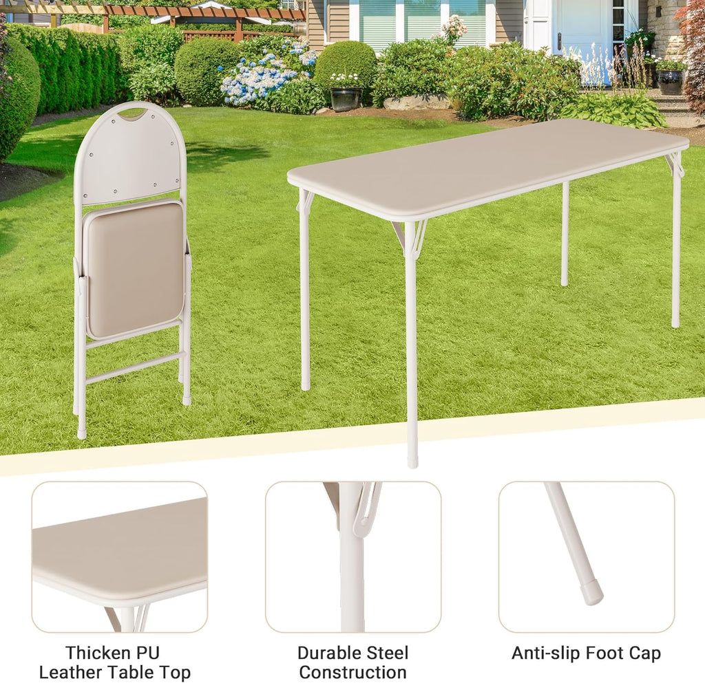 coucheta 5-Piece Rectangle Folding Table and Chairs Set, Foldable Portable Card Table and Chairs, Scratch & Stain Resistant Tabletop, for Dining Room, Living Room, Office, Camping, Gatherings, Beige