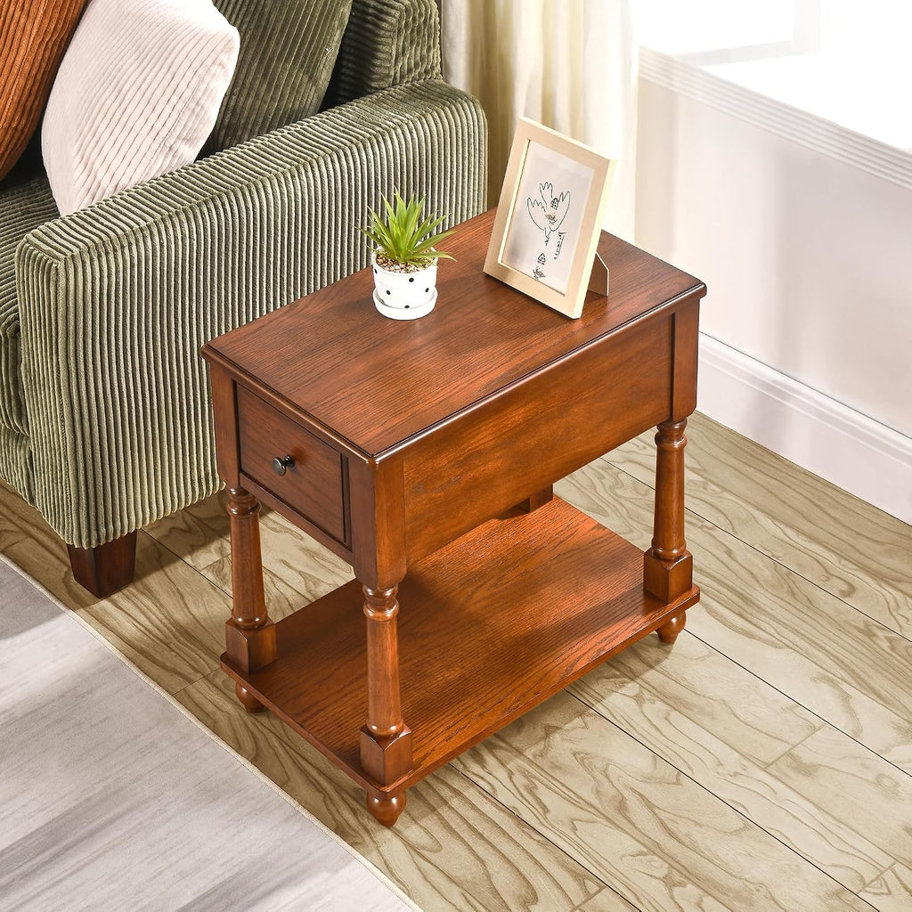 Set of 2 Narrow End Table with Drawer and Shelf, Solid Wood Sofa Side Tables 2-Tier Skinny Table with Storage Slim Bedside Table for Small Space Living Room-Cherry Brown 004DR