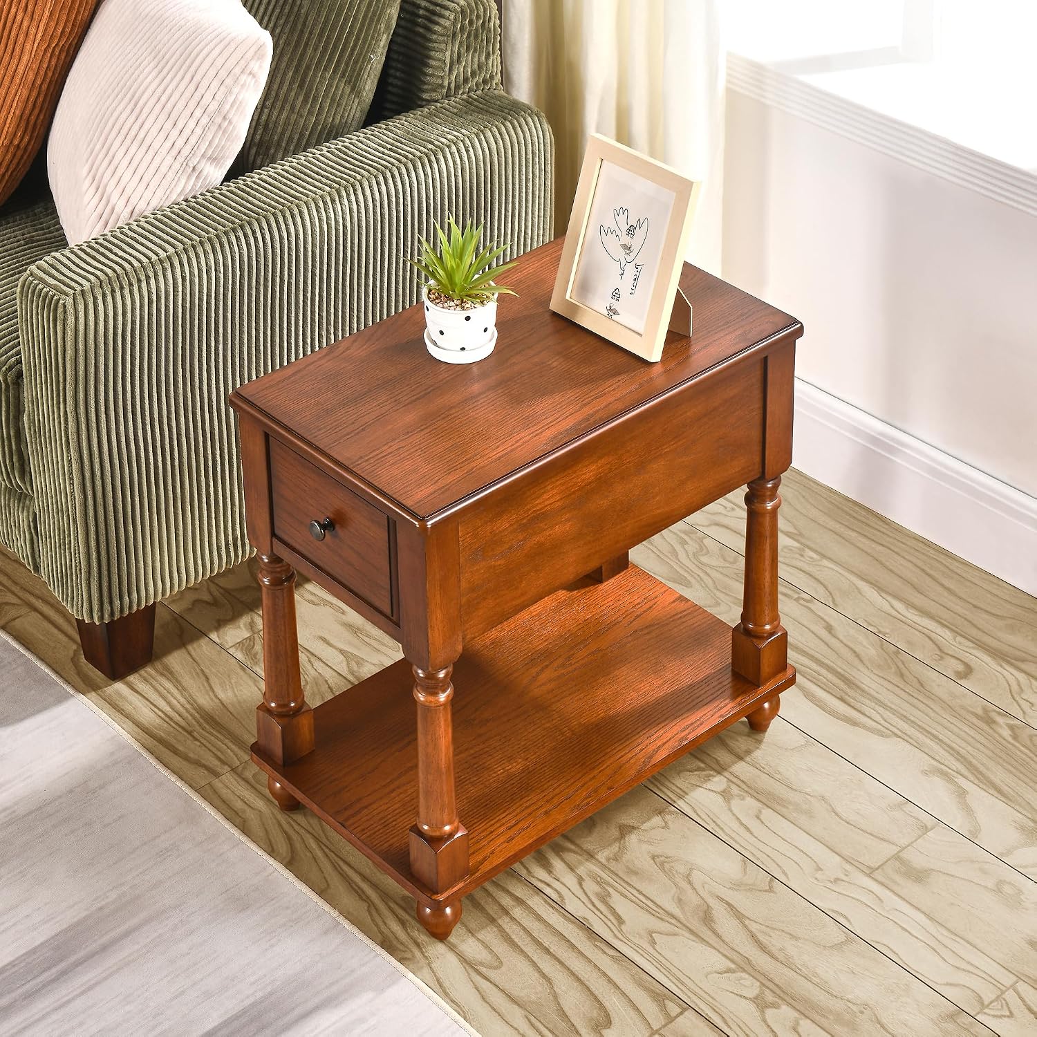 Set of 2 Narrow End Table with Drawer and Shelf, Solid Wood Sofa Side Tables 2-Tier Skinny Table with Storage Slim Bedside Table for Small Space Living Room-Cherry Brown 004DR