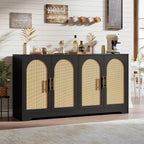 IDEALHOUSE 59" W Sideboard Buffet Cabinet- with 4 Rattan Doors, Large Storage Console Table & Modern Accent Coffee Bar Cabinet for Living Room, Kitchen, Hallway, Dining Room, Entryway, Black