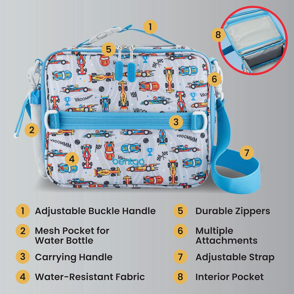Bentgo Kids Prints Lunch Bag - Double-Insulated, Reusable, for Kids 3+, Adjustable Strap; Holds Lunch Box/Water Bottle/Snacks; Easy-Clean, Water-Resistant, Pockets (NEW Race Cars)