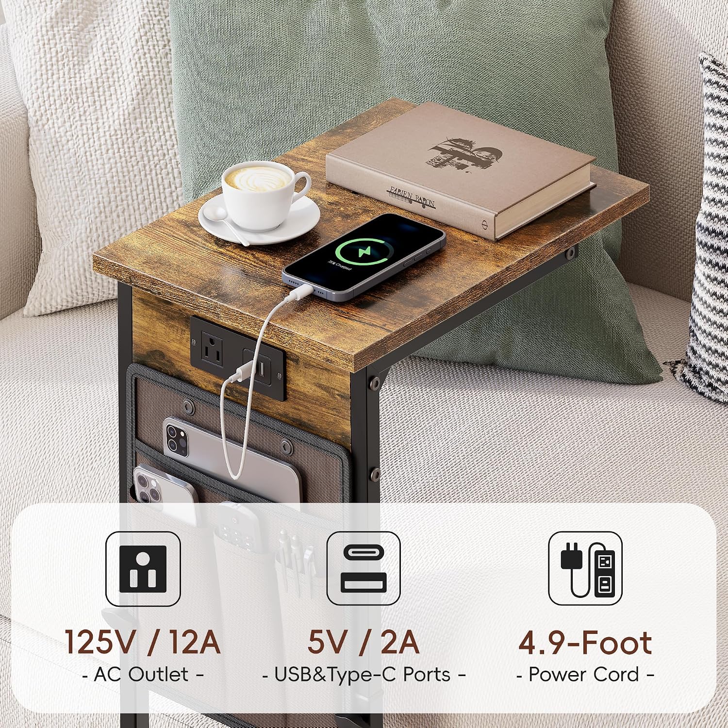 Vagusicc C Shaped End Table with Charging Station, Adjustable Height Side Table for Couch, Small Sofa Table with Storage Bag, Slide Under Sofa TV Tray Snack Arm Tables for Living Room, Bedroom, Brown