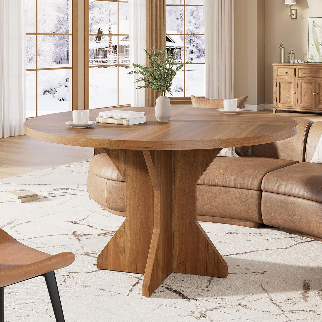 IDEALHOUSE Round Dining Table, 47" Kitchen Table for 4-6 People, Circle Tables with Sturdy Pedestal Base, Space Saving Dinning Room Furniture for Living Room, Kitchen, Apartment