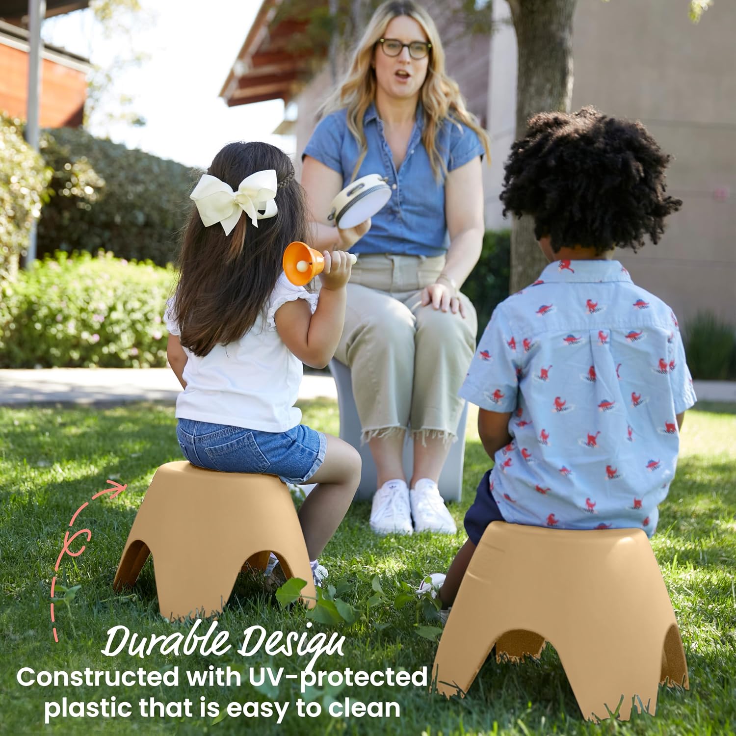 ECR4Kids Ayana Stackable Plastic Stool Seating Set, Children's Furniture, Sand, 4-Pack