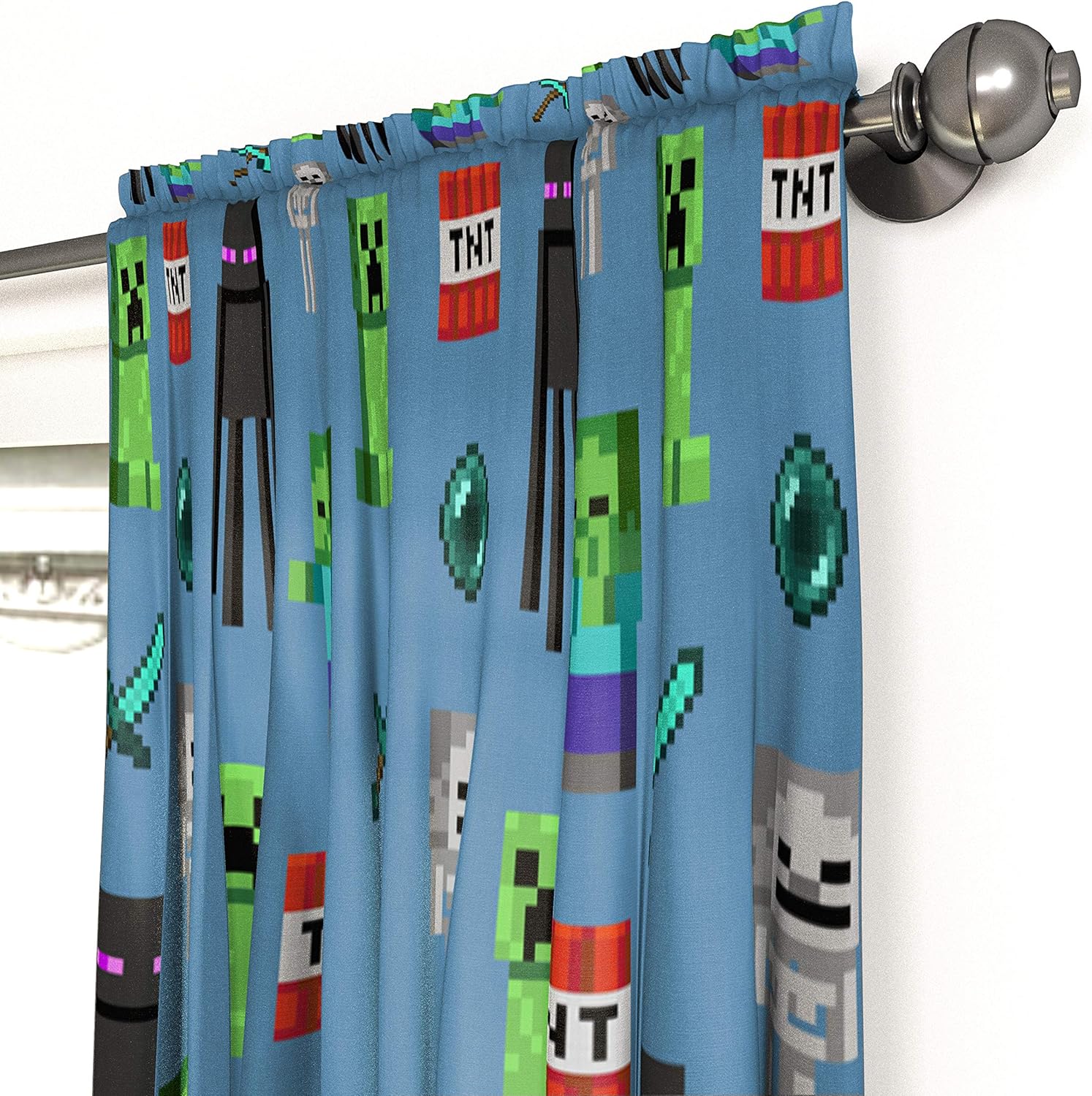 Jay Franco Kids Window Drapes - 4 Piece Curtain Set Includes 2 Tiebacks, Beautiful Bedding Room Décor and Easy Set Up, Blue - Minecraft, 63 Inch