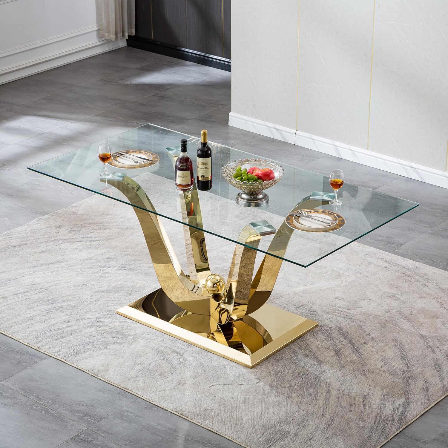 70" Glass Dining Table Set for 6, Modern Kitchen Table with 6 PU Leather Dining Chairs 7-Piece Dining Table and Chairs for 6 with Shiny Gold Metal Pedestal Base